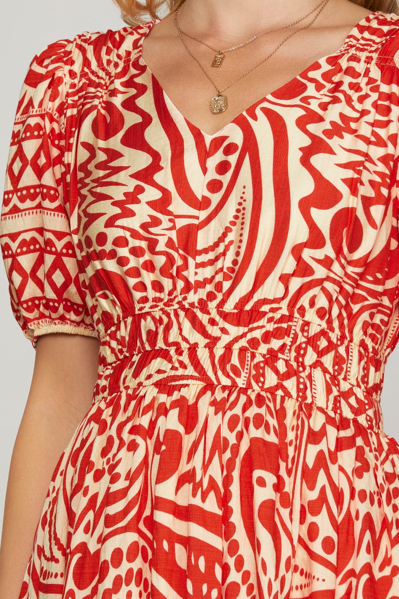 Red & Cream Border Print Midi Dress