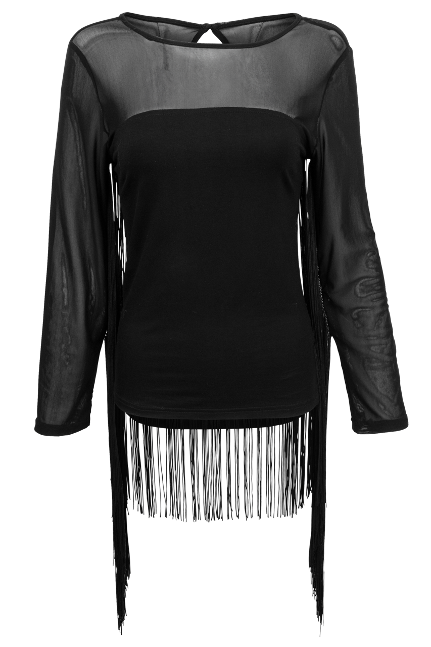 Western Inspired Black Mesh Top w/ Fringe Details, by Vintage Collection