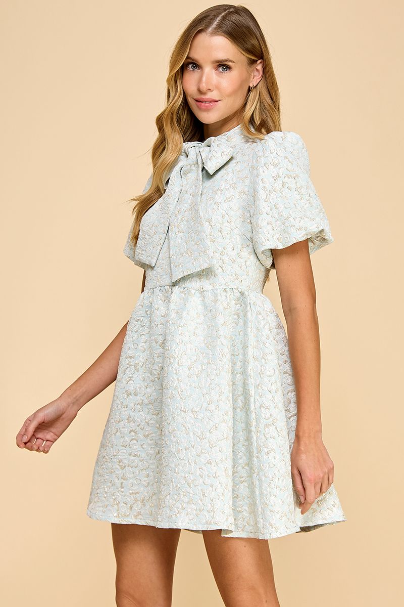 Light Blue Elegant Jacquard Puff Sleeve Fit-and-Flare Dress