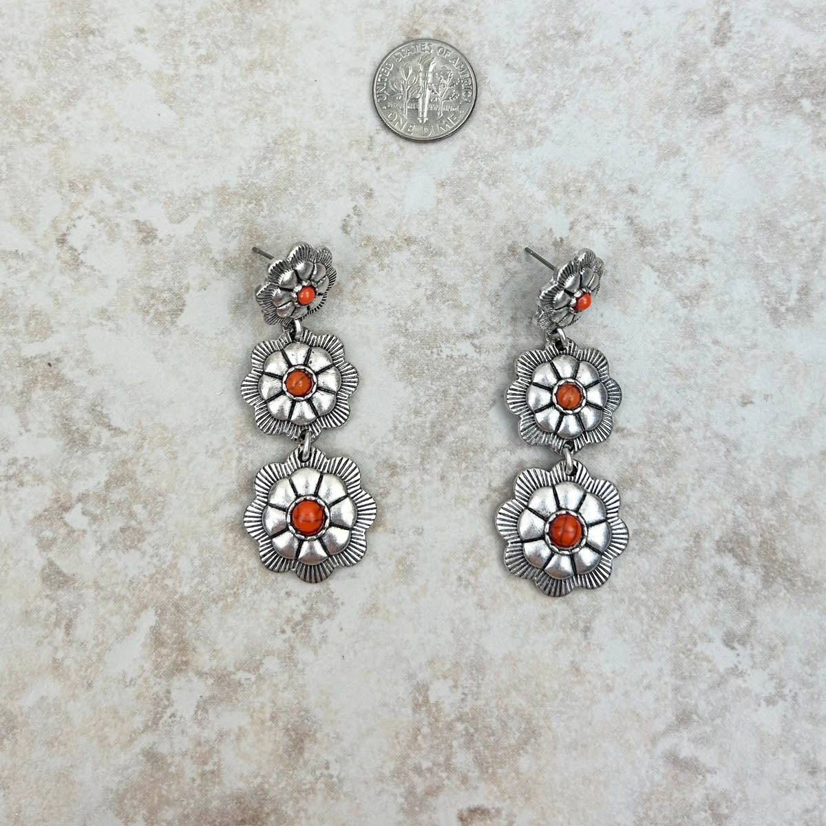 Triple Concho Fashion Earrings w/ Red Accent