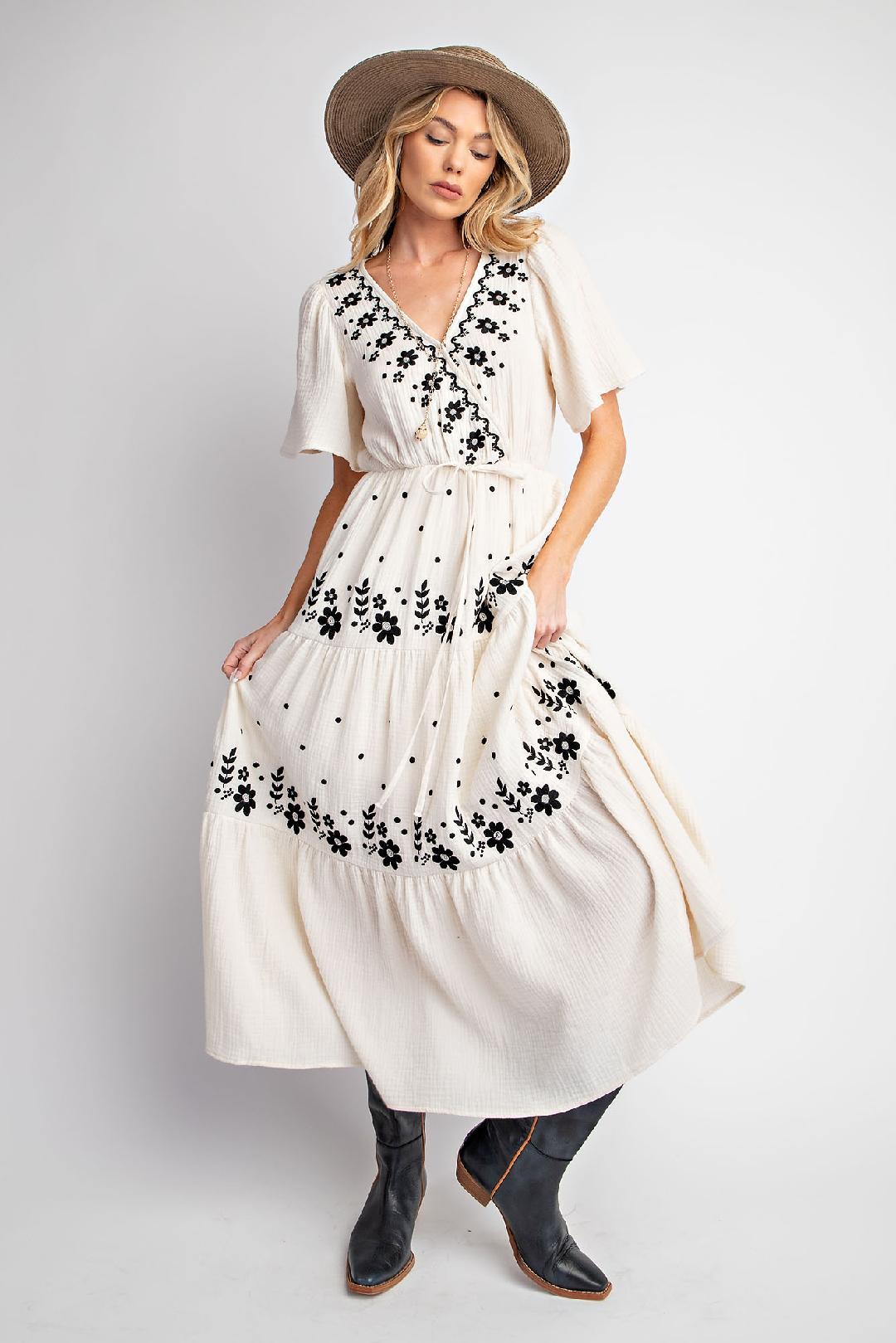 Cream Maxi Dress w/ Black Embroidery Details