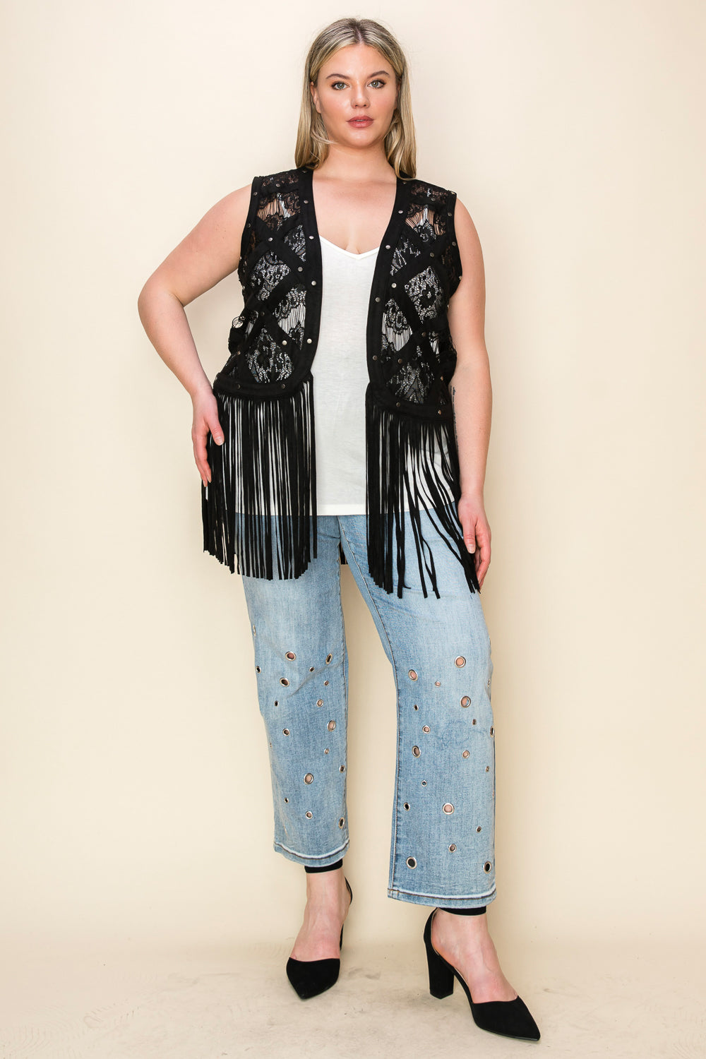 Black Lace & Studs Ultra Suede Vest w/ Fringe