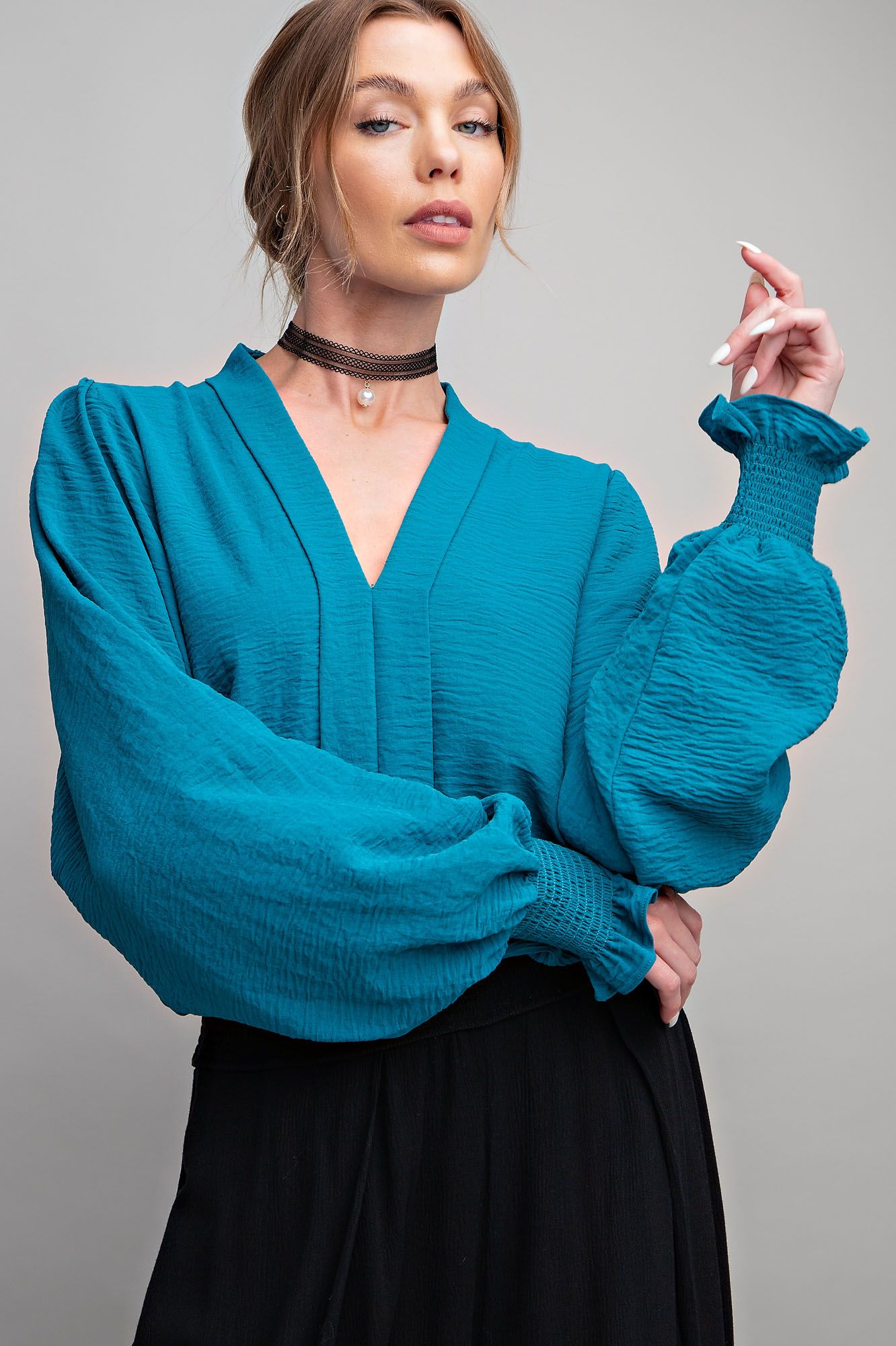 Teal V-Neck Long Sleeve Top