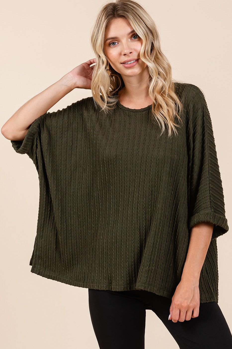 Olive Textured Knit Oversized Top