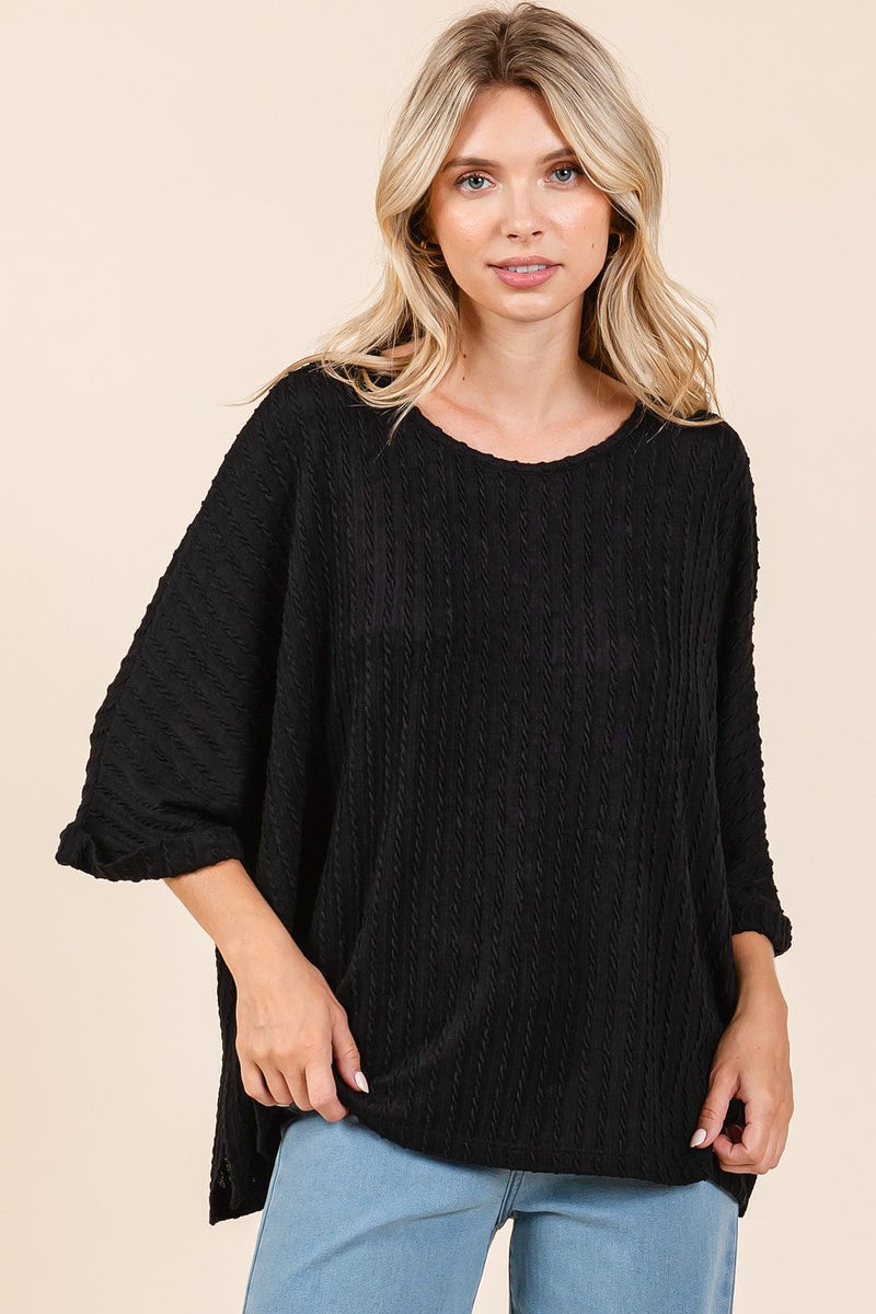 Black Textured Knit Oversized Top