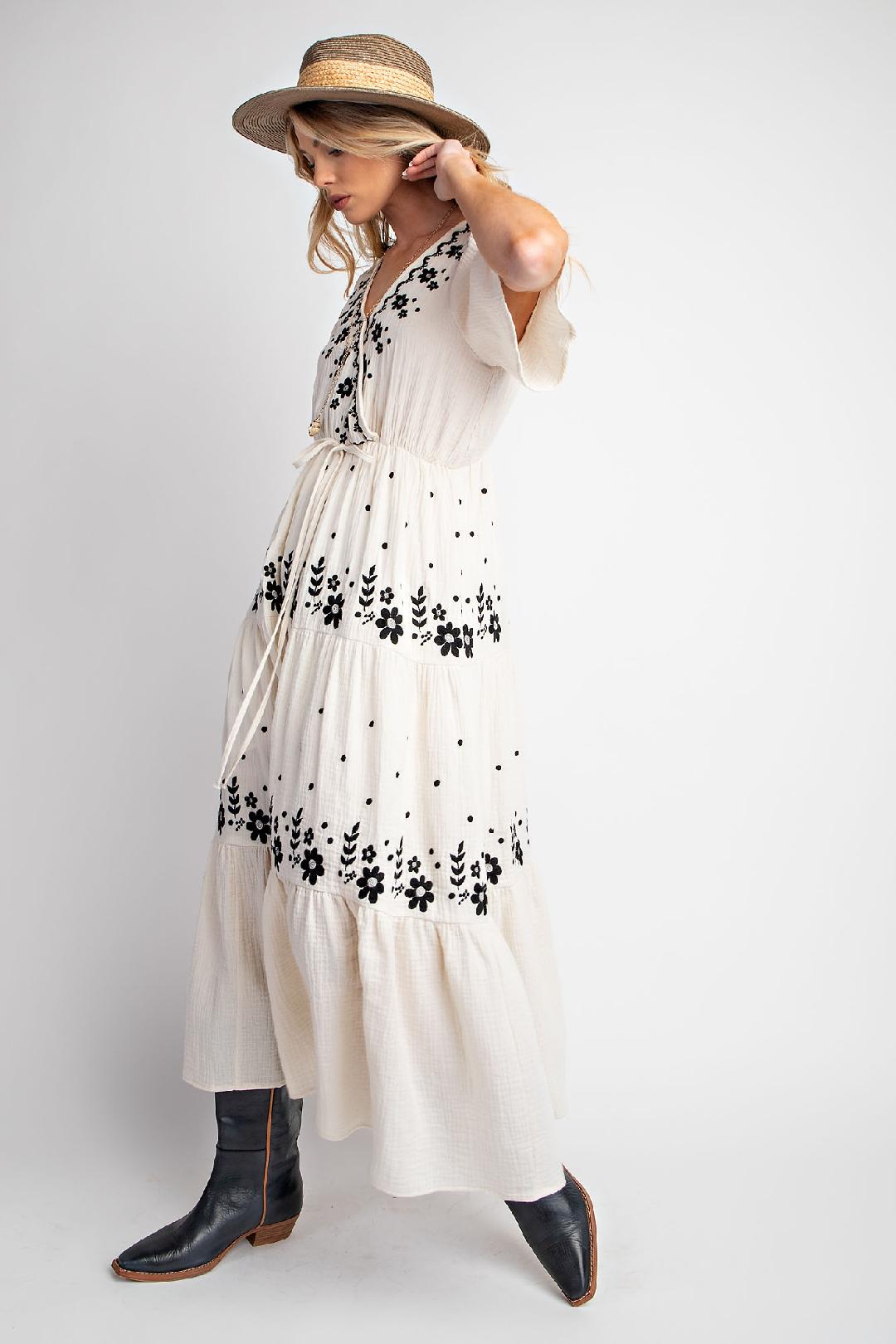 Cream Maxi Dress w/ Black Embroidery Details