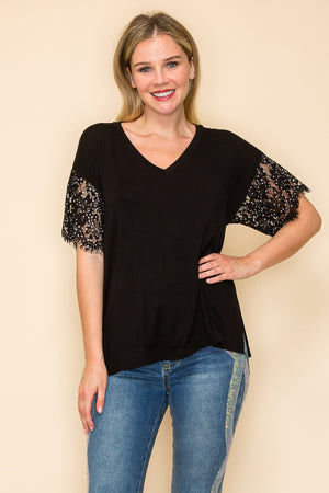 BlackV-Neck  Knit Top w/ Lace & Rhinestone Sleeves