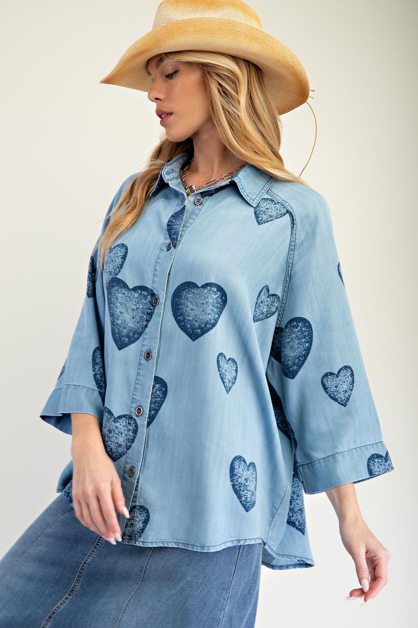 Dark Denim Hearts Button Up Tencel Shirt