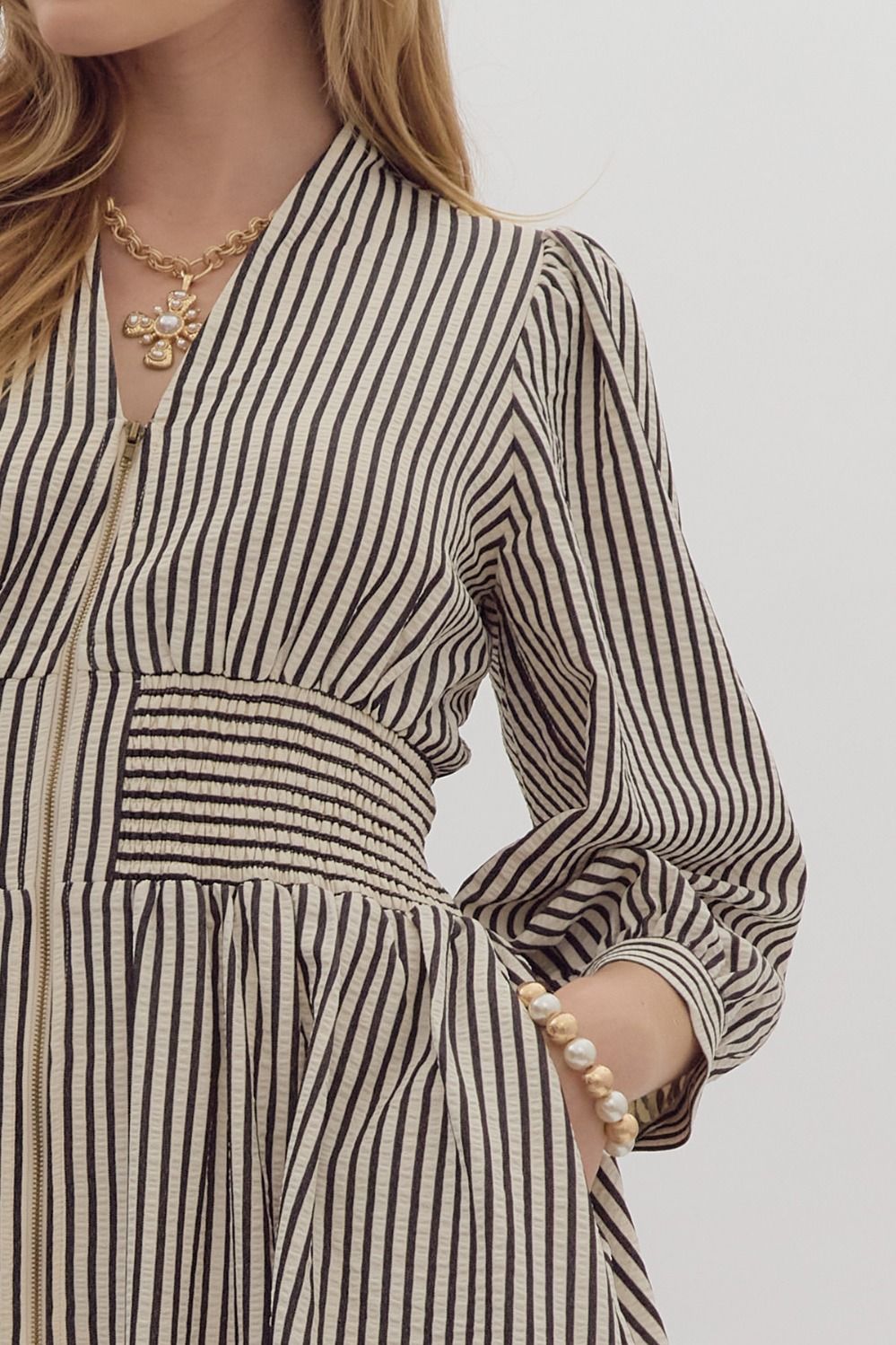 Black & White Vertical Stripe Zip Up Dress