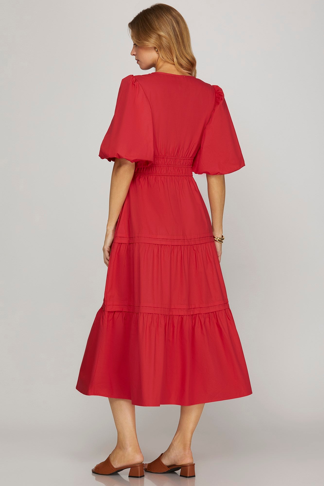 Red Balloon Half Sleeve Woven Poplin Midi Dress