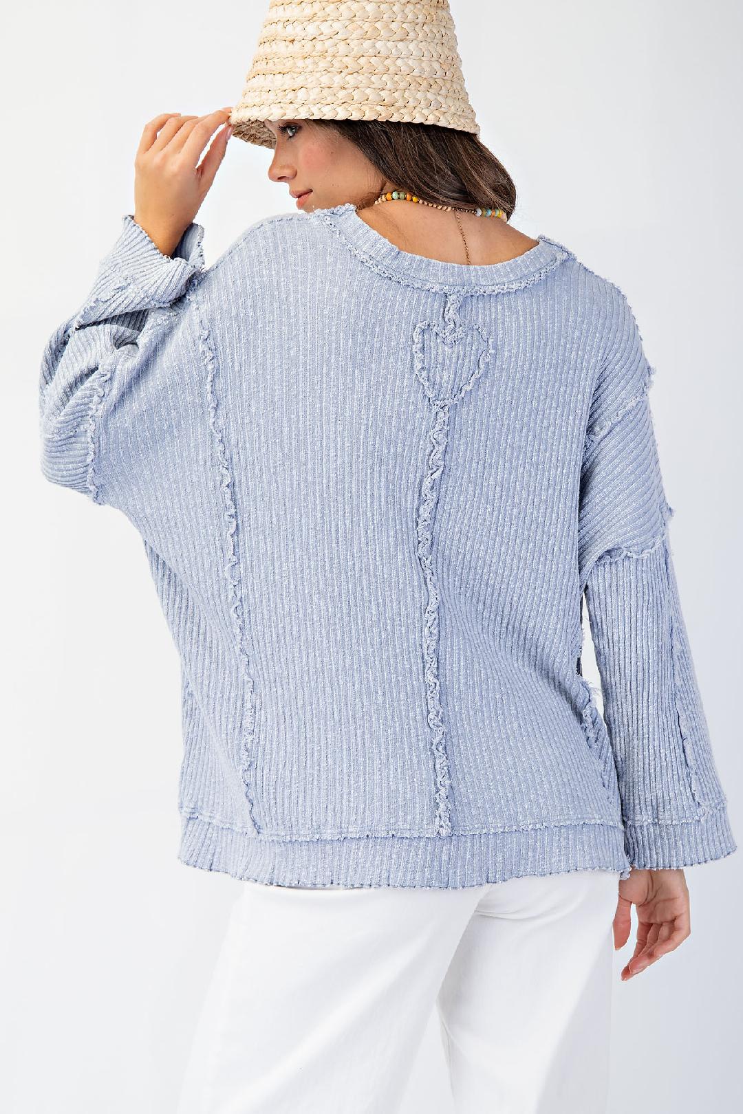 Cloud Blue Mineral Washed Rib Knit Pullover