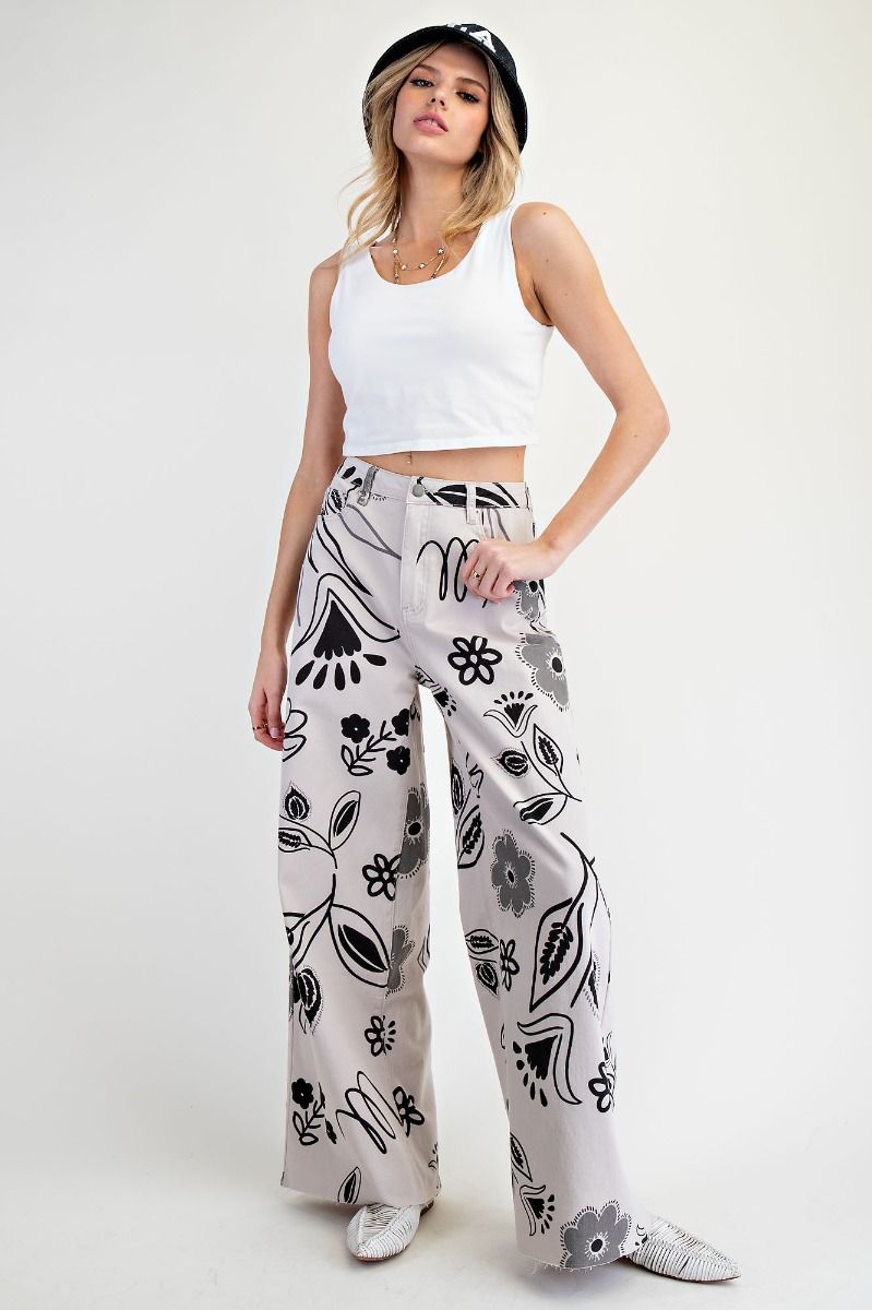 White Twill Pants with Black & Grey Floral Print