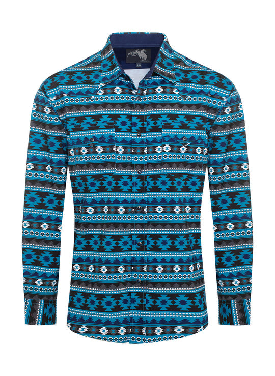 Men's Western Pearl Snap Turquoise Aztec Print Shirt