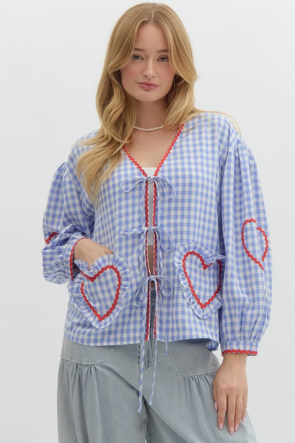 Gingham Long Sleeve Top with Heart Pockets & Ric Rac Trim