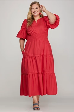 Red Balloon Half Sleeve Woven Poplin Midi Dress