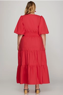 Red Balloon Half Sleeve Woven Poplin Midi Dress