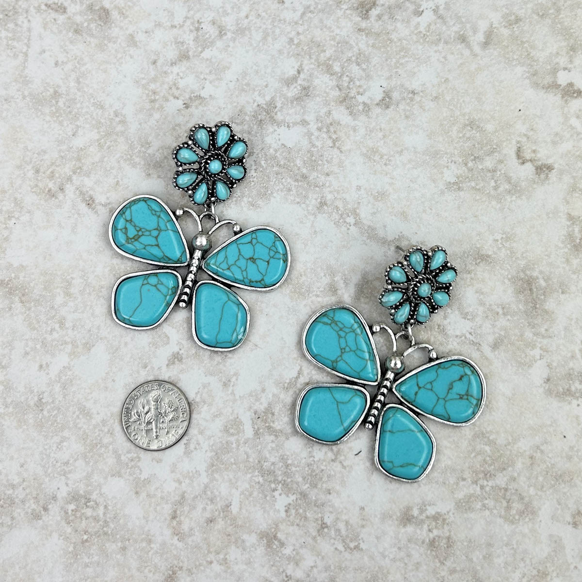 Turquoise Stone on Silver Fashion Butterfly Earrings