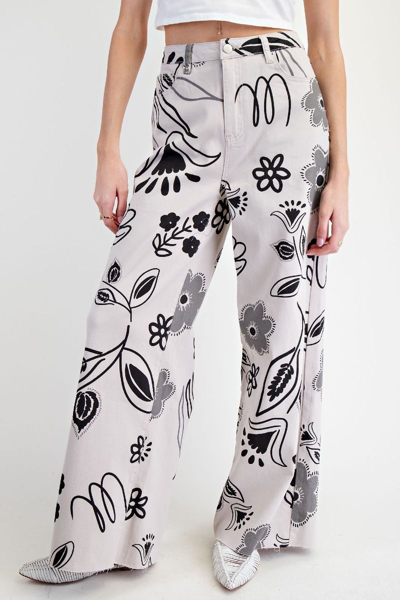 White Twill Pants with Black & Grey Floral Print