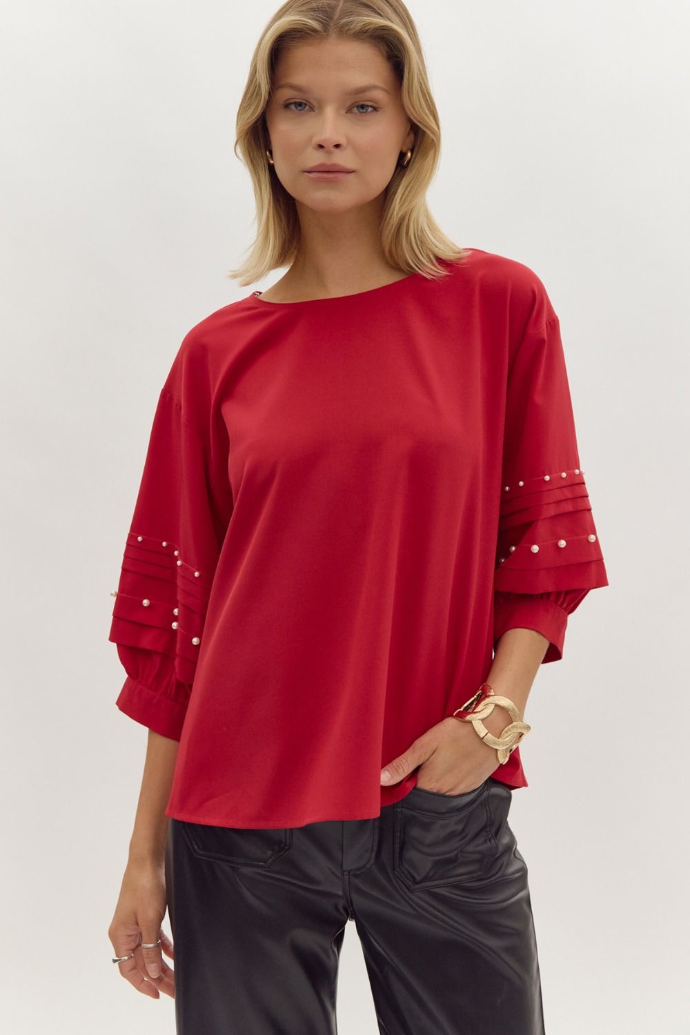 Red Knit Top w/ Pearl & Pleat Details