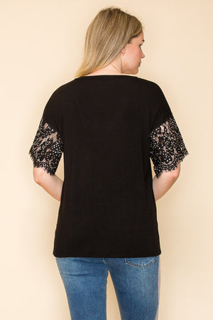 BlackV-Neck  Knit Top w/ Lace & Rhinestone Sleeves