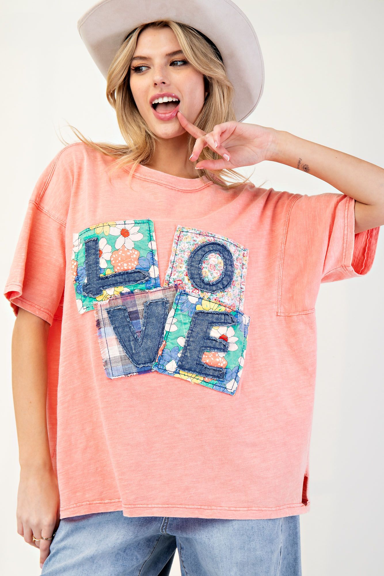 Love Patch Mineral Washed  Coral Cotton Slub Top