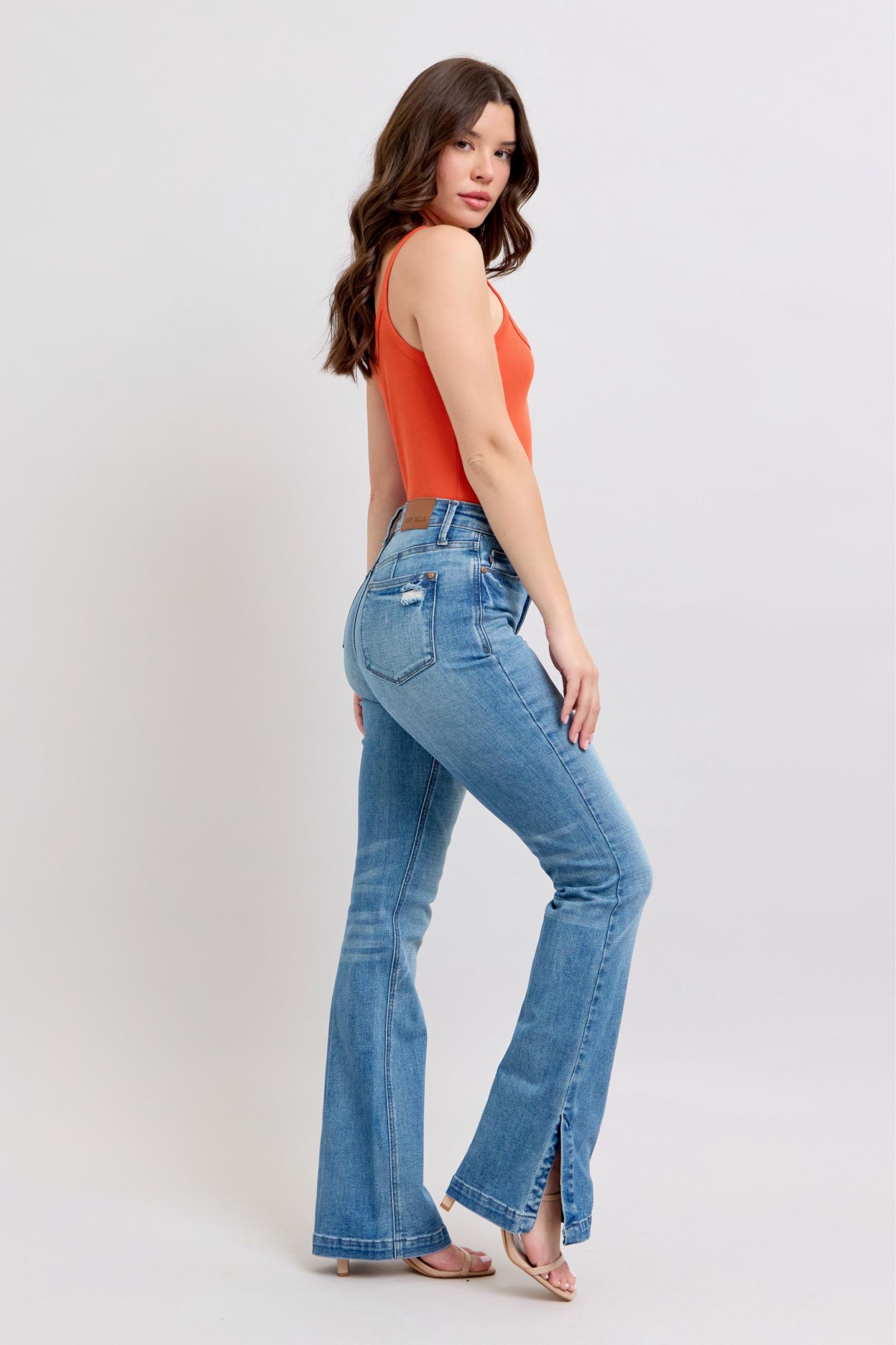 Judy Blue High Waist Vintage Wash Side Slit Slim Boot Cut Jeans