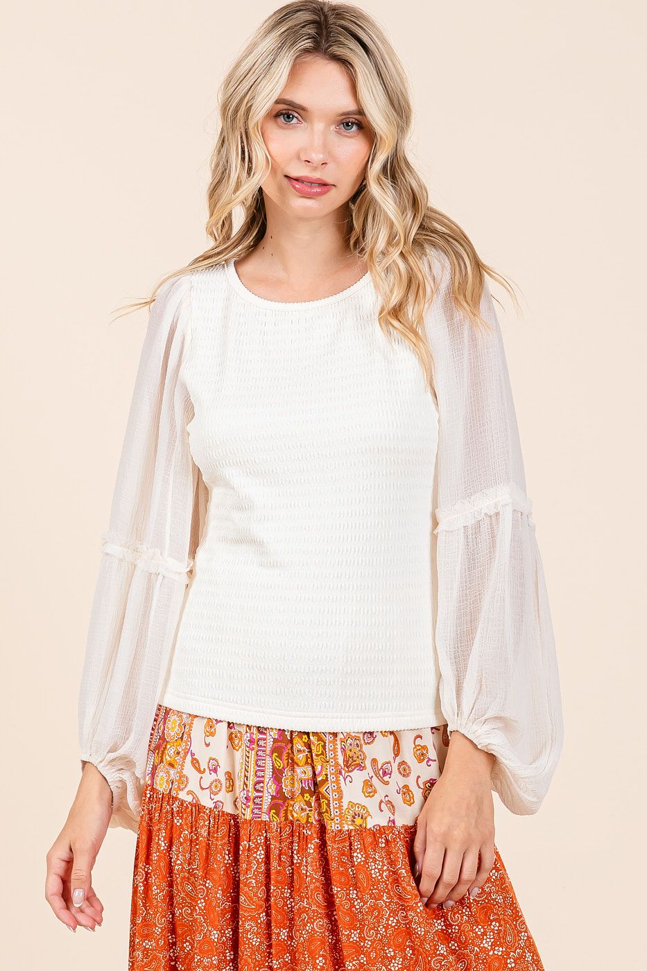 Ivory Textured Knit Chiffon Long Sleeve Top