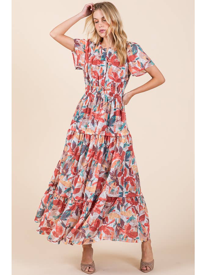 Falling Leaves Print Smocked Maxi Dress