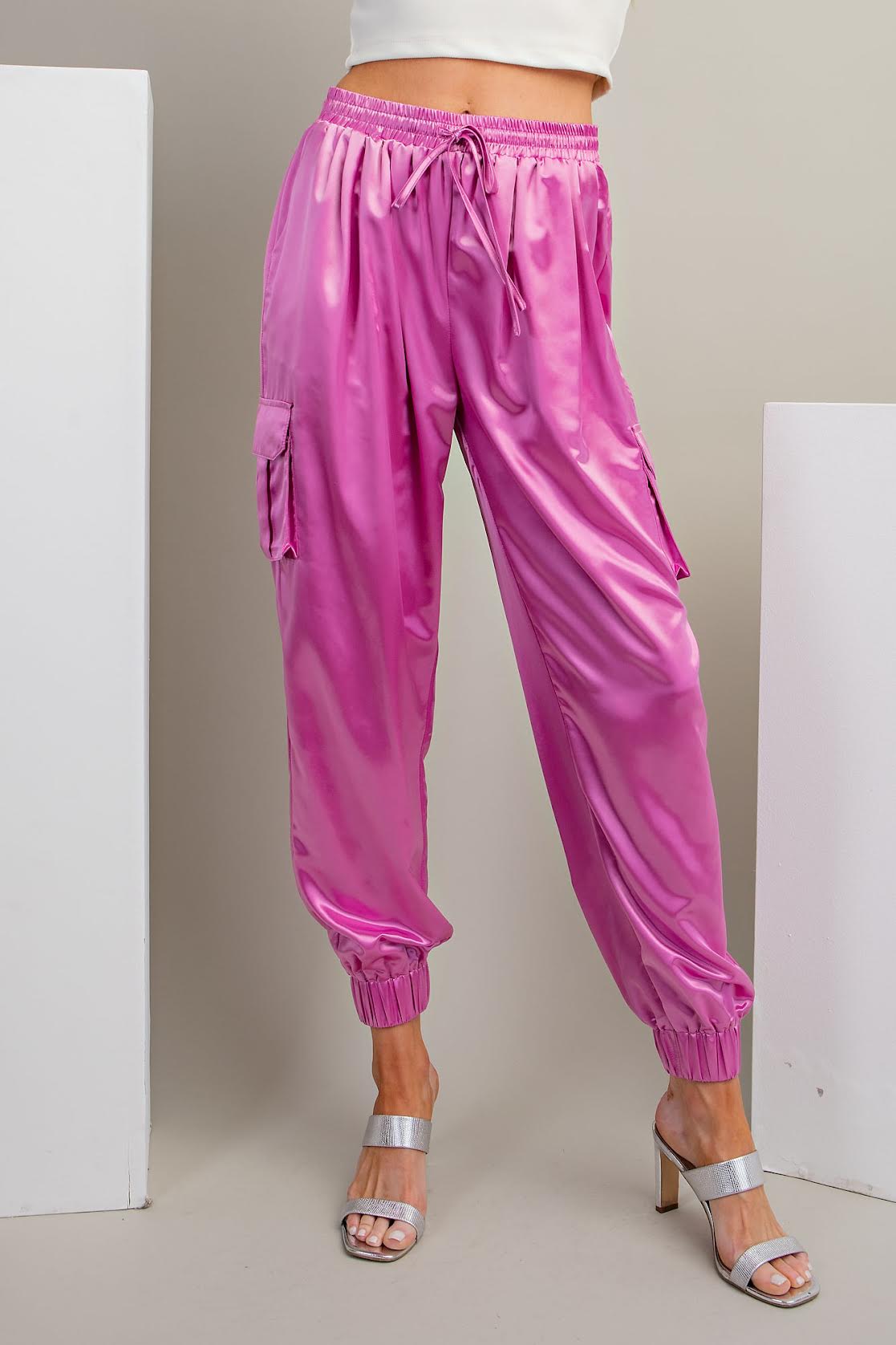 Pink Satin Cargo Jogger Pants