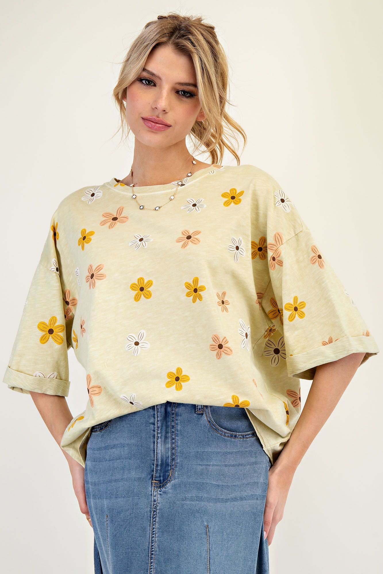 Sage Flower Printed Mineral Washed Top