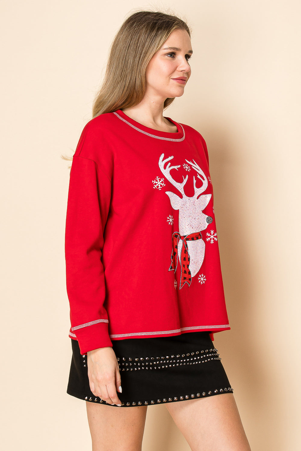 Red Top w/ Festive Reindeer Wearing a Plaid Scarf