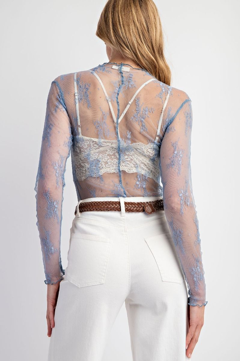 Sheer Denim Blue All Over Sheer Lace Top