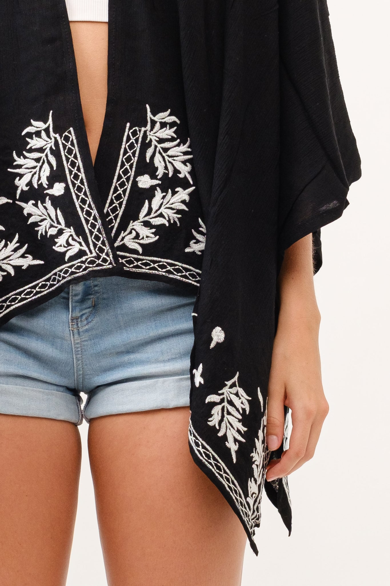 Black Kimono w/ White Embroidery Details