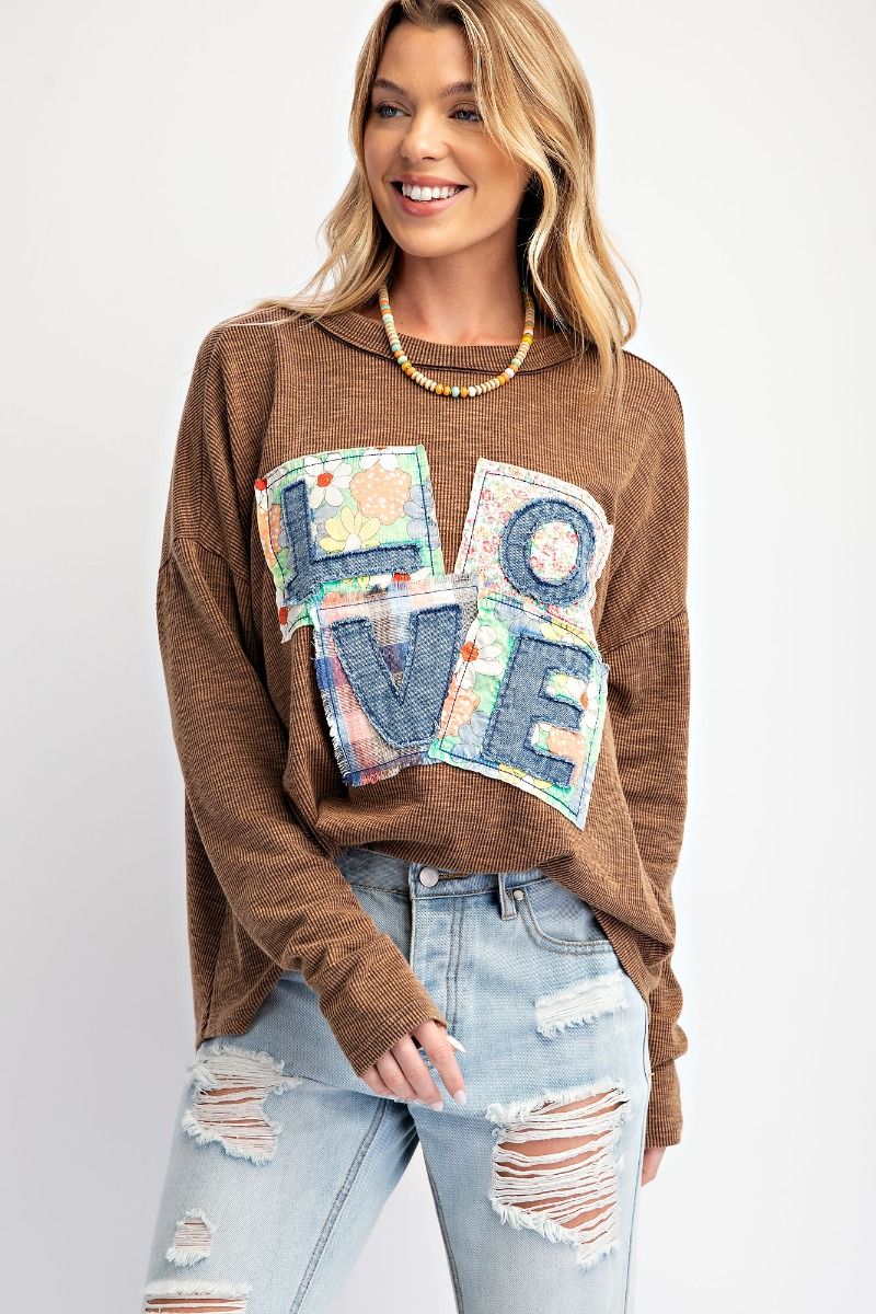 Mocha Love Patch Rib Knit Mineral Washed Top