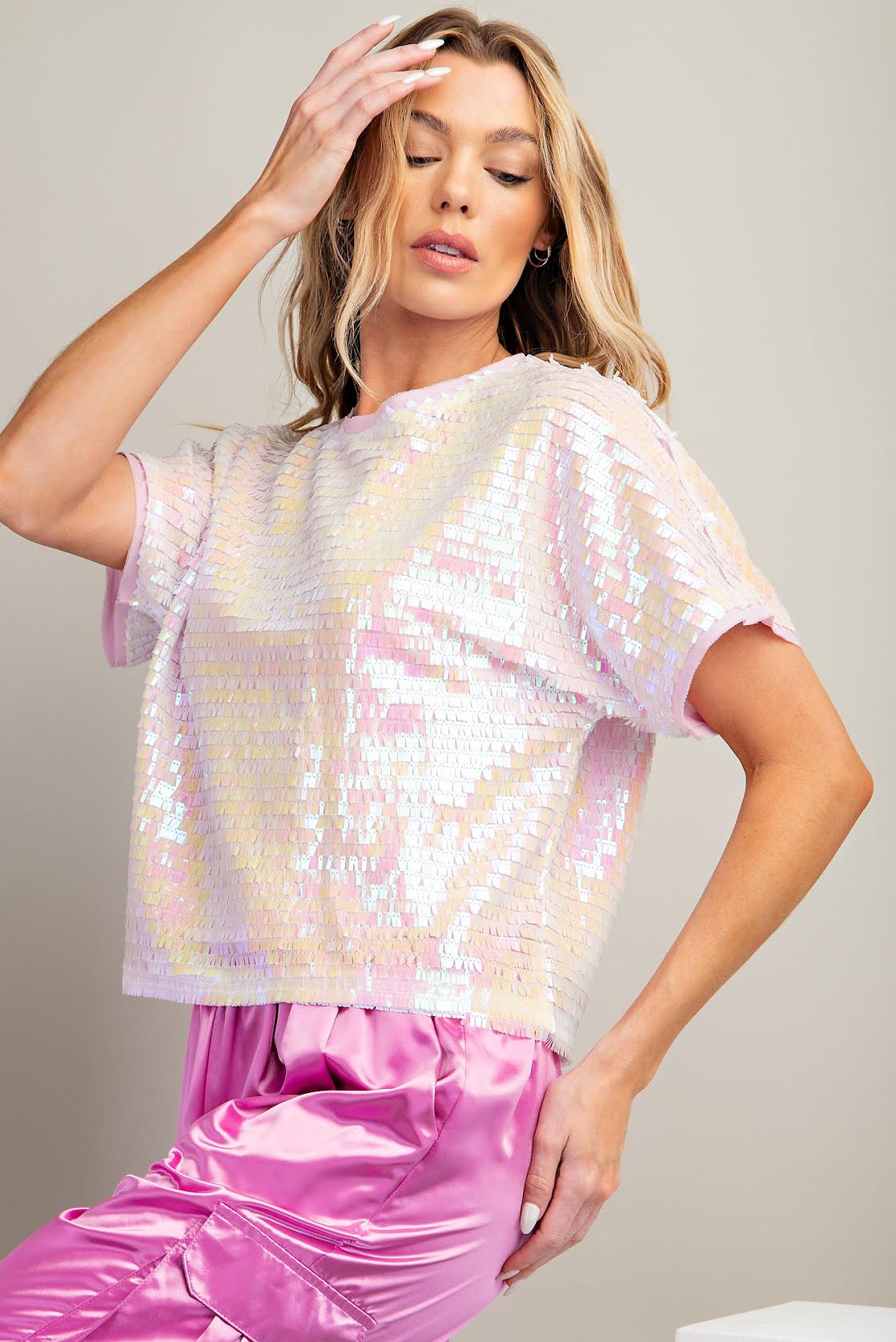 Light Pink Chiffon Top w/ All Over Iridescent Sequins