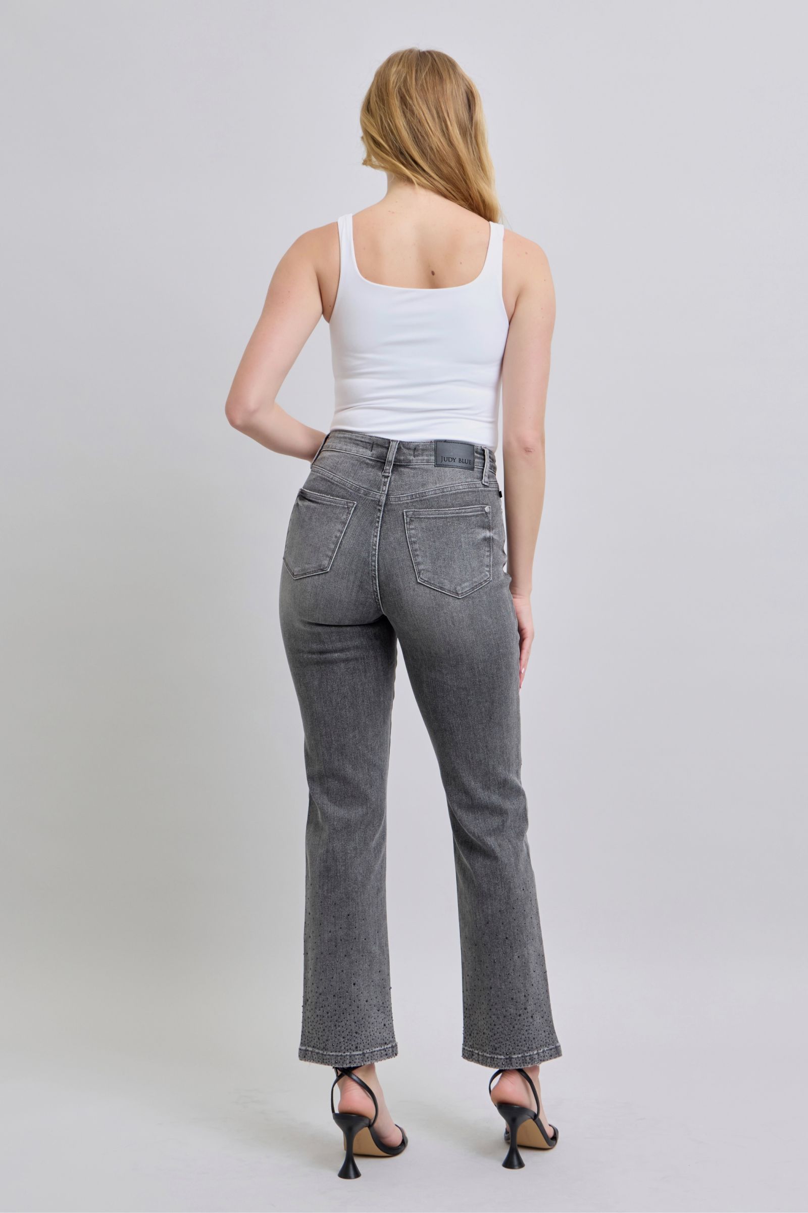 Grey/Black Judy Blue High Waist Rhinestone Straight Jeans