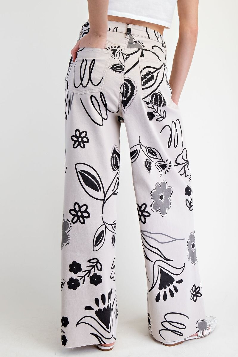 White Twill Pants with Black & Grey Floral Print