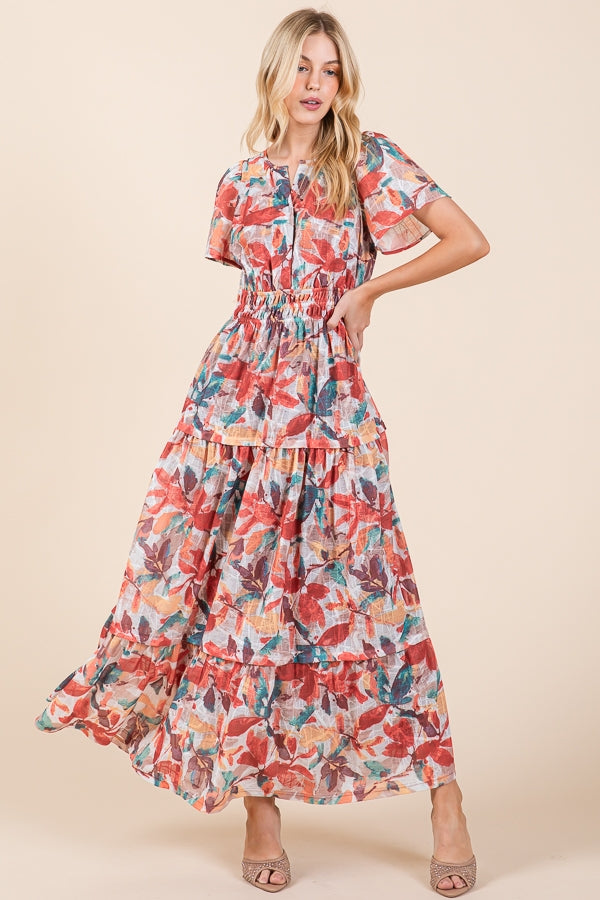 Falling Leaves Print Smocked Maxi Dress