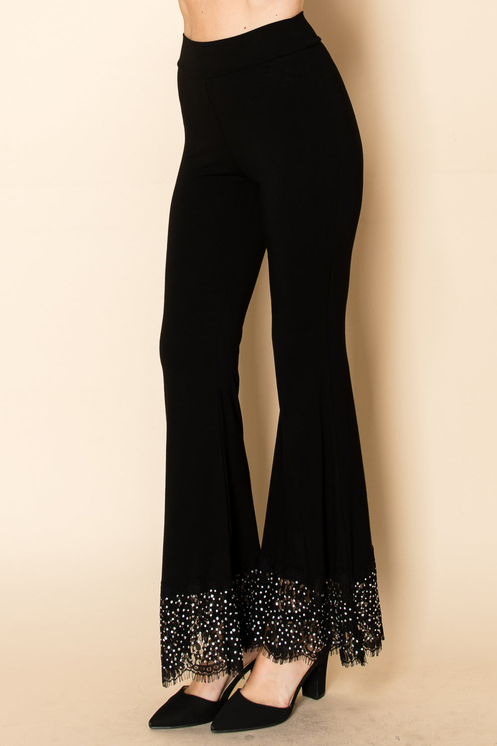 Black Flared Knit Pants with Lace & Crystal-Embellished Hem