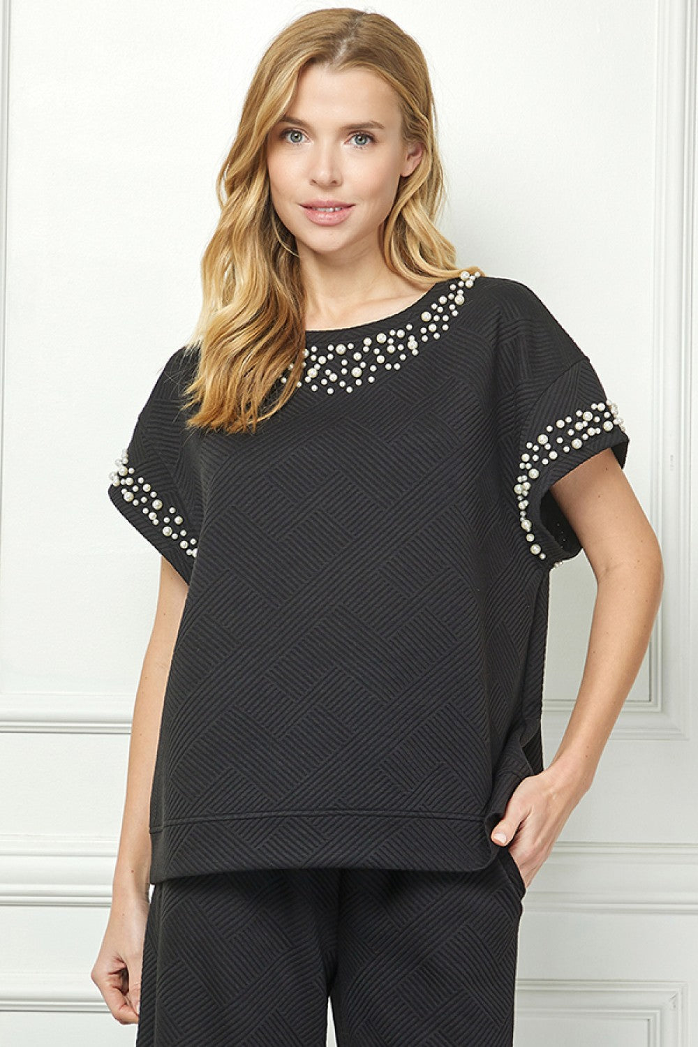 Black Textured Short Sleeve Top & Pant Set w/ Pearl Details