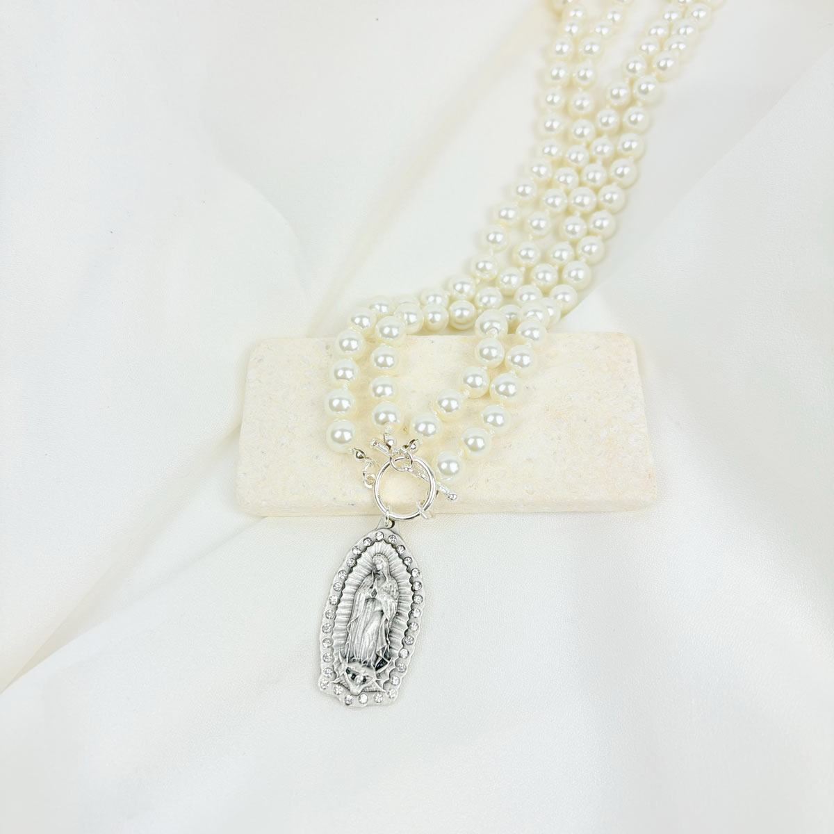 Our Lady of Guadalupe Pearl Necklace/Silver