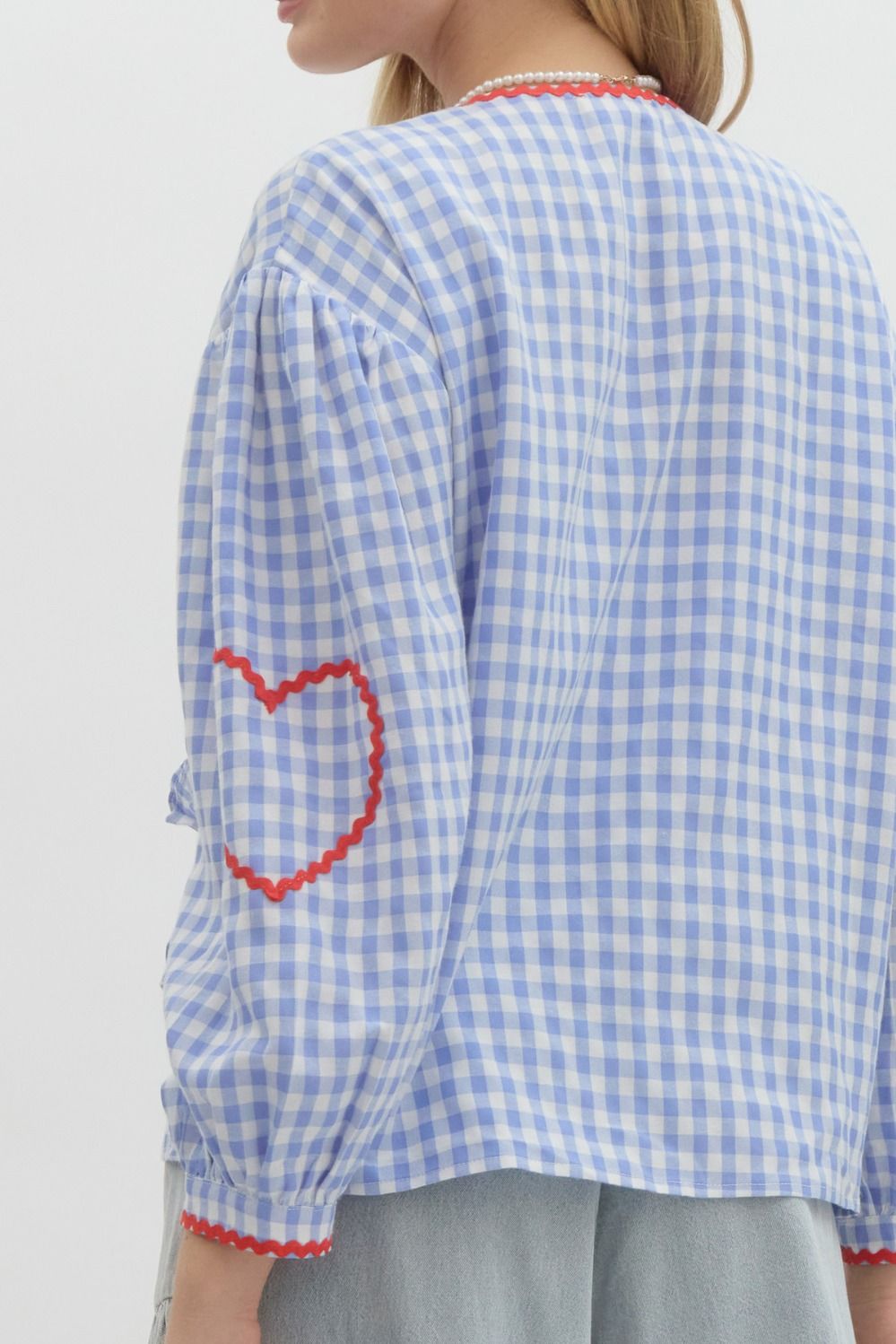 Gingham Long Sleeve Top with Heart Pockets & Ric Rac Trim