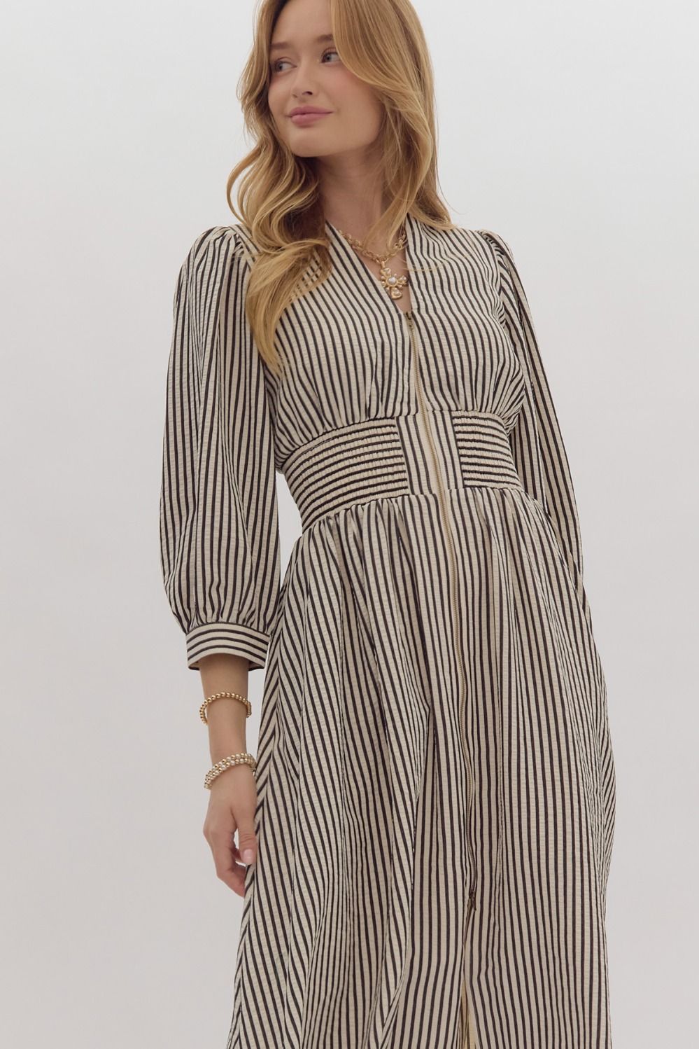 Black & White Vertical Stripe Zip Up Dress