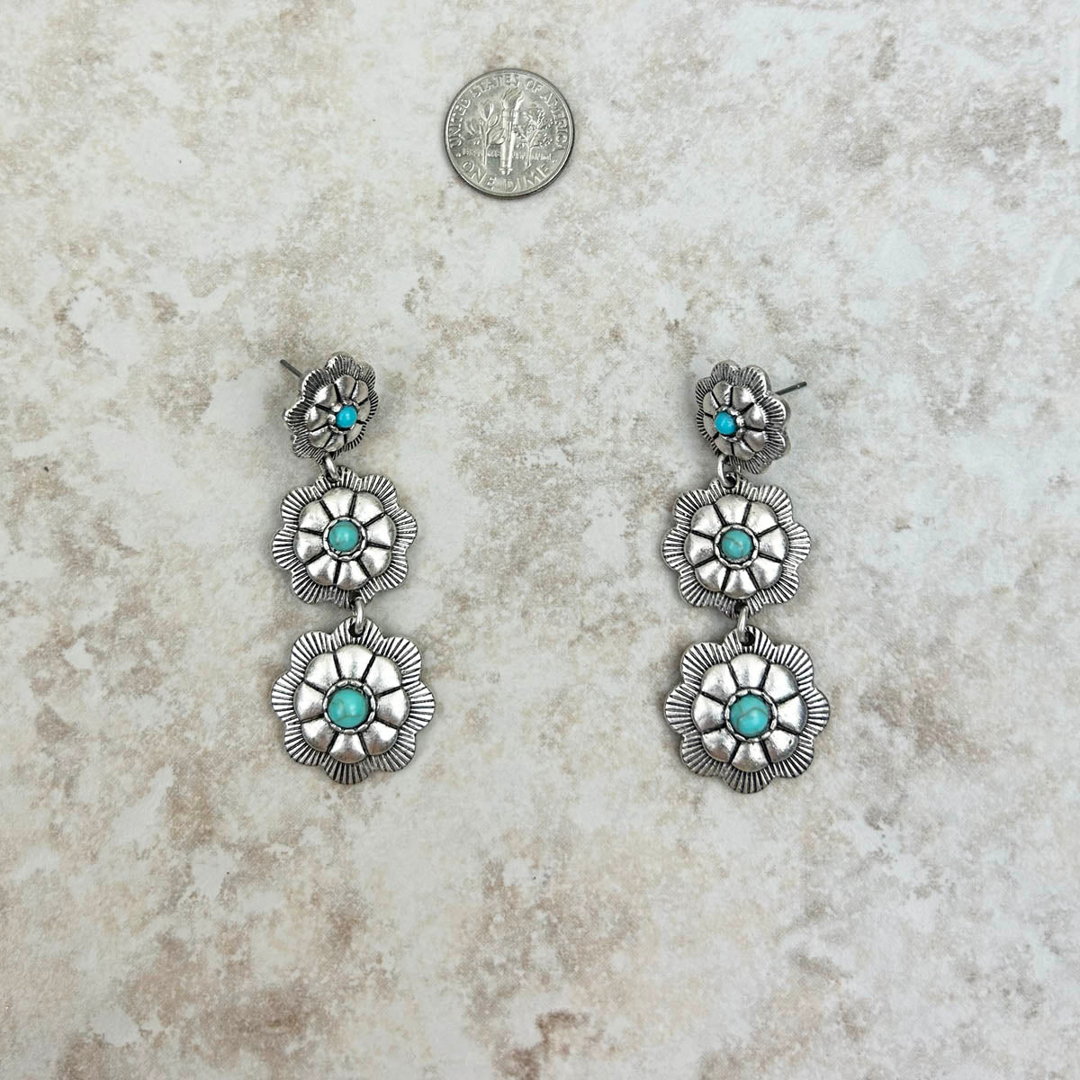 Triple Concho Fashion Earrings w/ Turquoise Accent