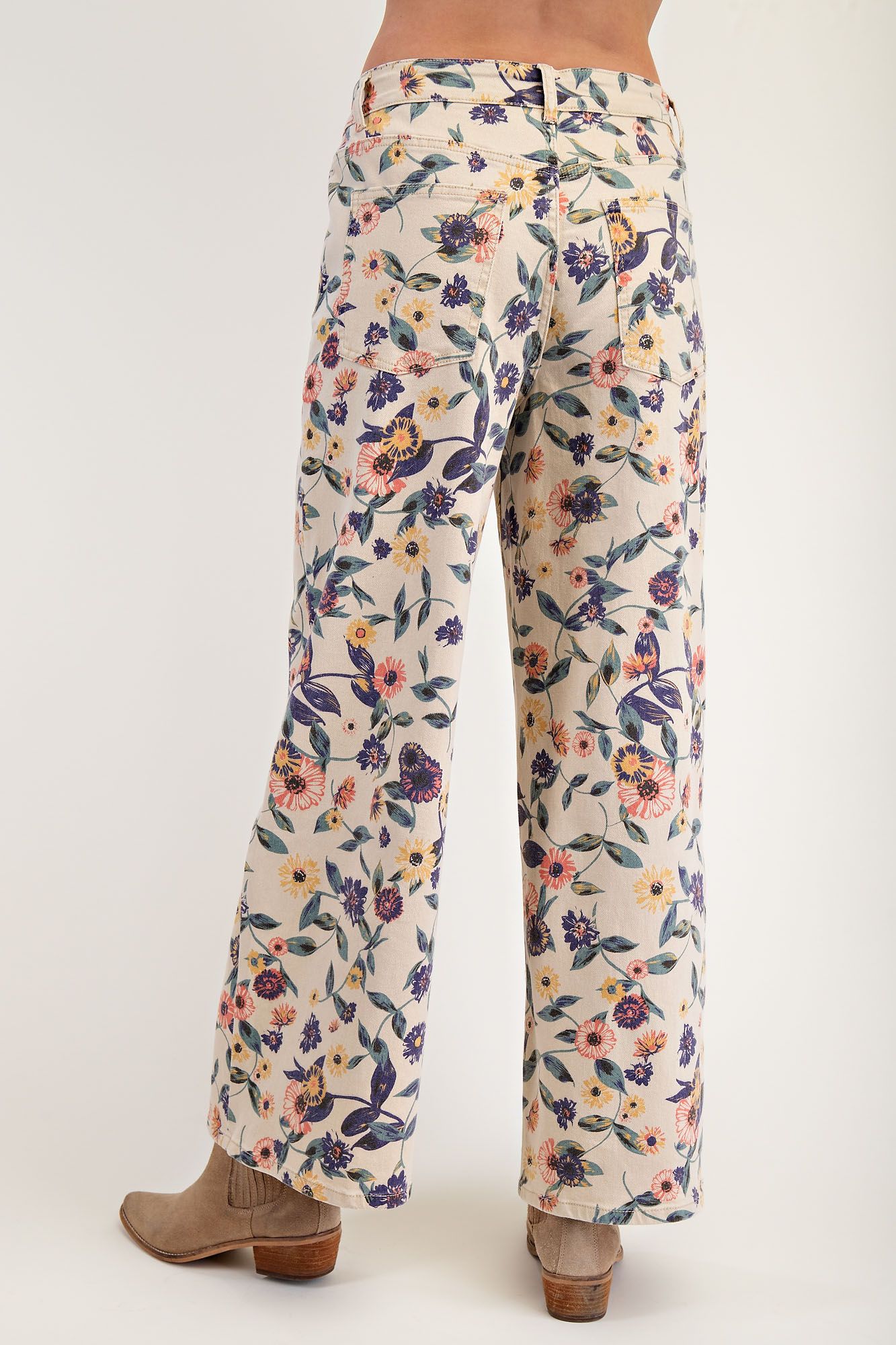 Light Khaki Washed Floral Print Denim Twill Pants