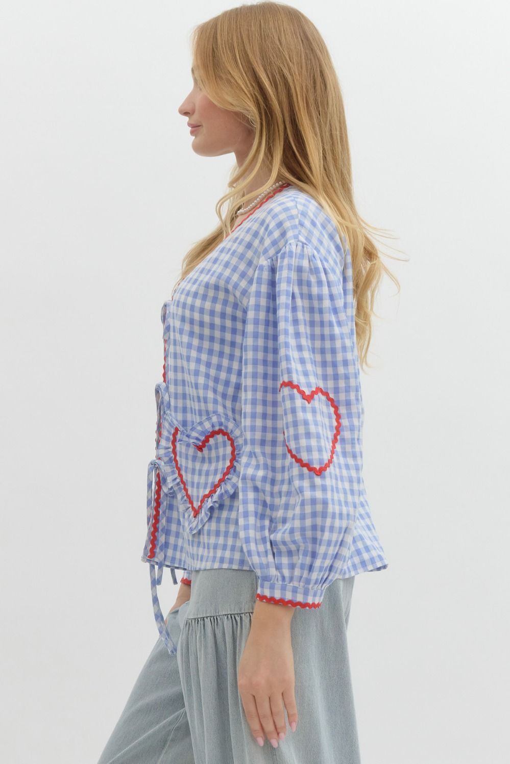 Gingham Long Sleeve Top with Heart Pockets & Ric Rac Trim