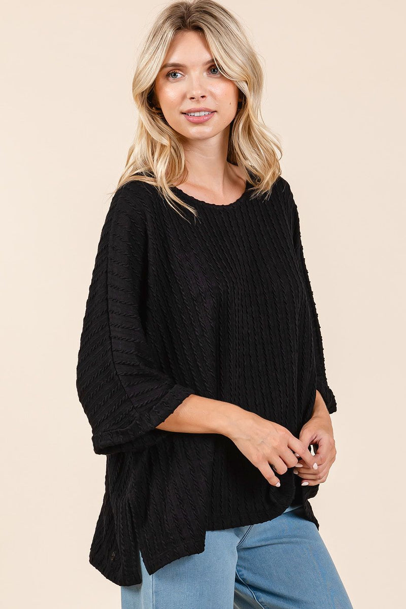 Black Textured Knit Oversized Top