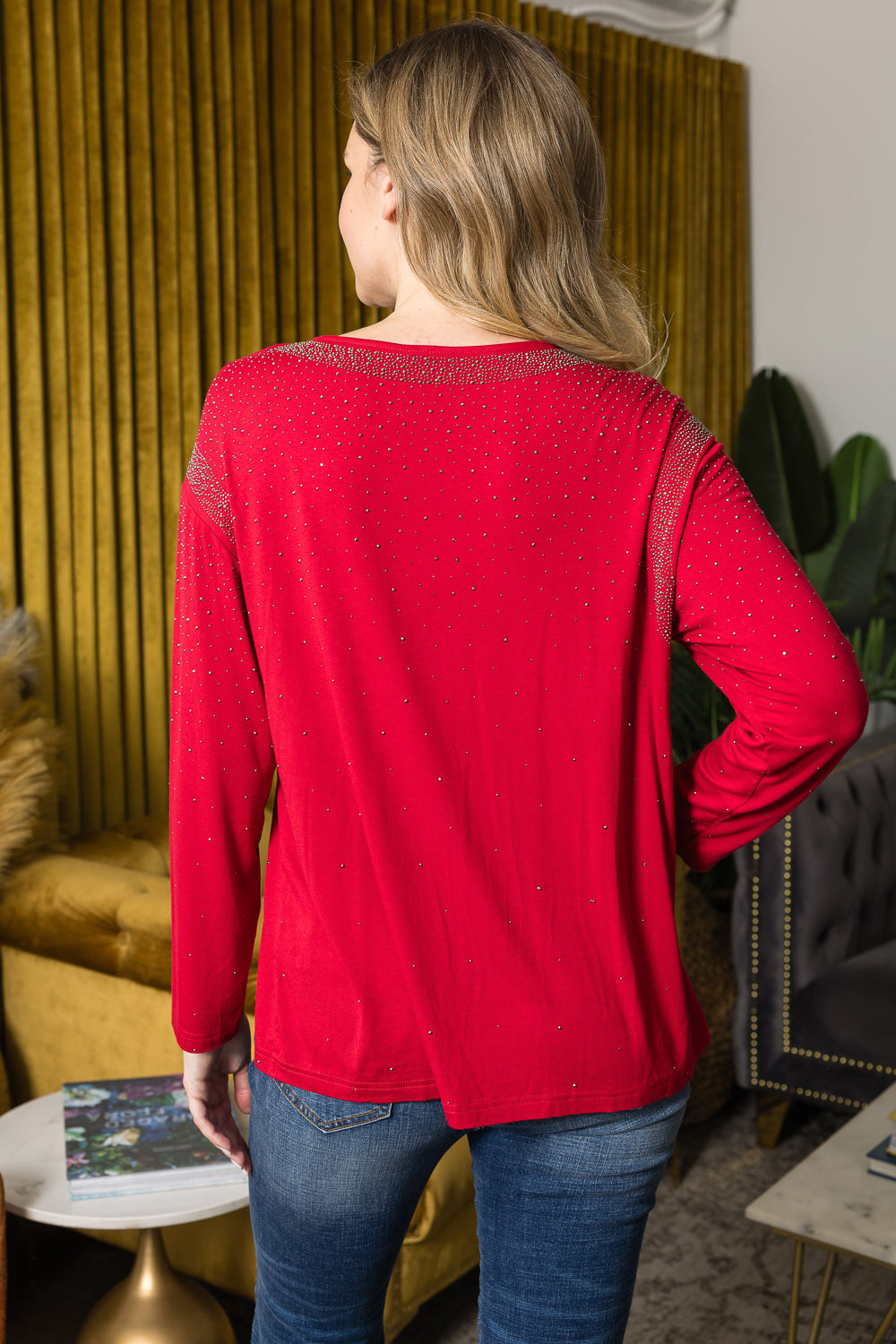 Red Long Sleeve V-Neck Top w/ Rhinestone Details