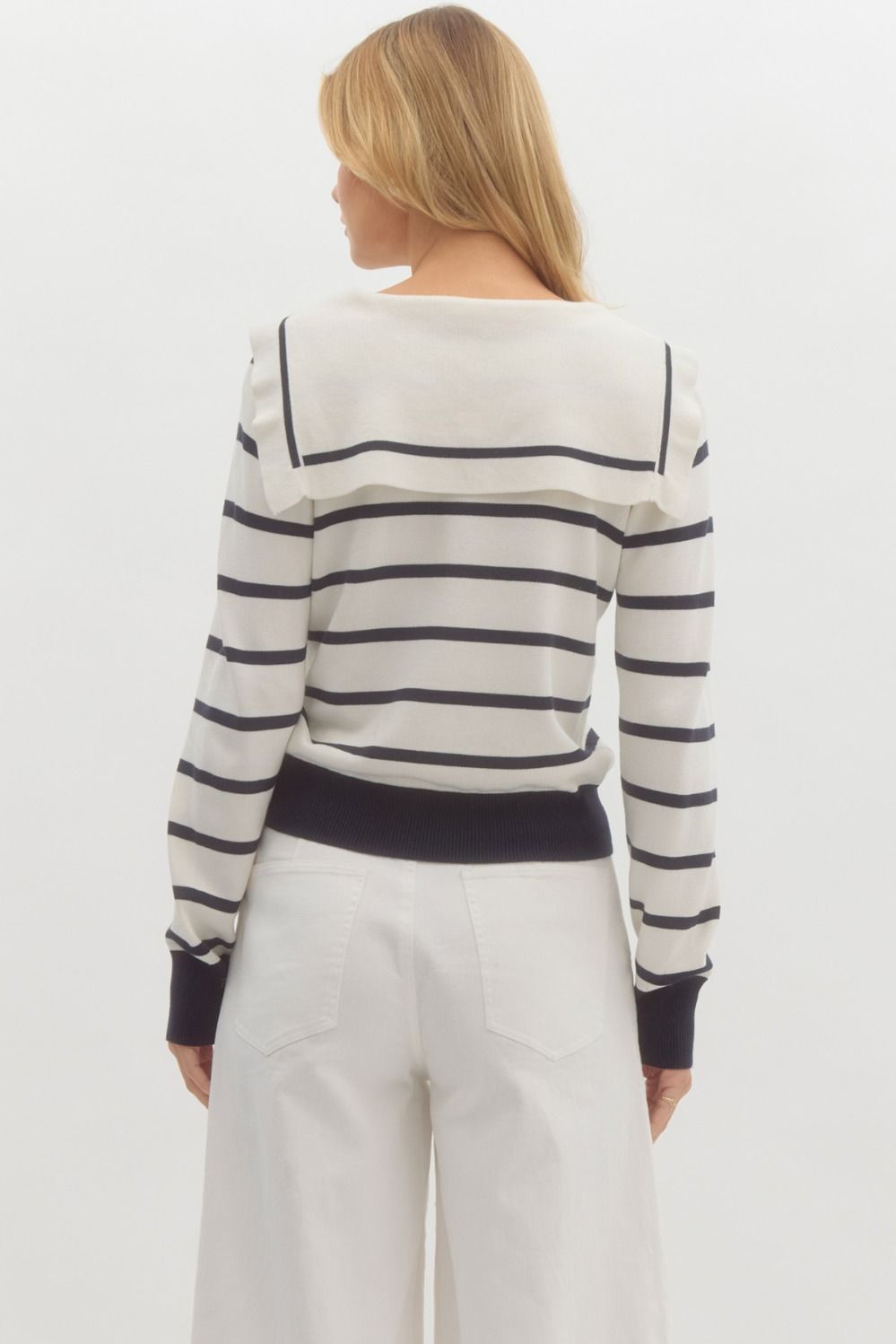 Off White & Navy Striped Long Sleeve Sweater