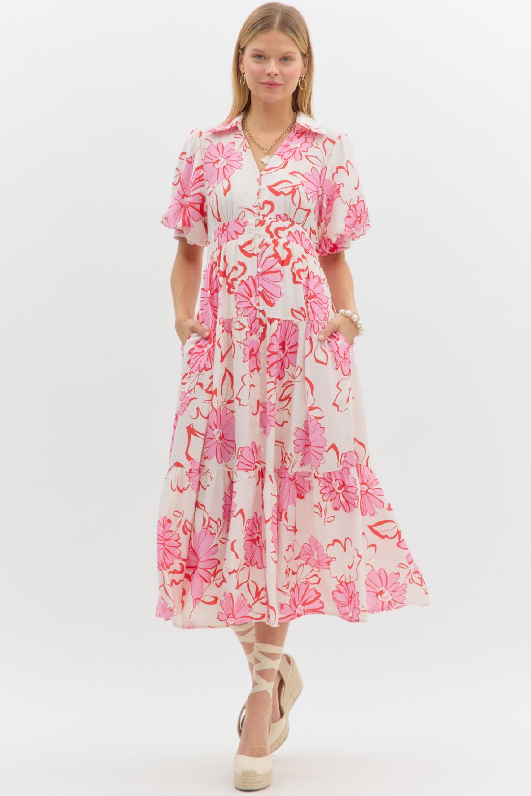 Floral Tiered Midi Dress – Pink & Red on Cream